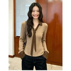 批发档口上新 2026年秋季新款女装翻领撞色飘带加厚针织套头衫<b class='q'>毛衣</b>