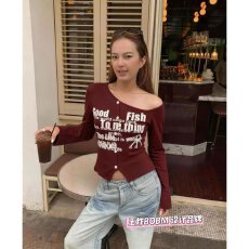 档口上新 2026年夏季新款女装针织开衫修身短款斜肩长袖印花毛衣