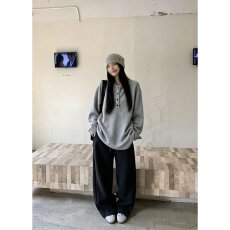 批发档口上新 2026年春秋新款女装宽松落肩亨利领针织衫长袖套头上衣