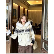 批发档口上新2026年秋冬季女装宽松连帽毛领针织开衫短款拉链<b class='q'>毛衣</b>外套