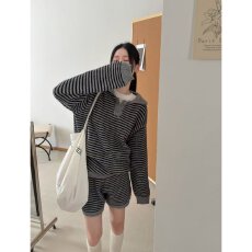 批发档口上新2026年春秋季新款女装翻领条纹针织套装宽松长袖<b class='q'>短裤</b>套装
