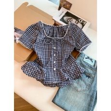批发<b class='q'>实拍</b>～韩系甜美格子短袖<b class='q'>衬衫</b>女夏季新款设计感小众百搭气质上衣