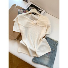 批发实拍～夏季新款甜美淑女风蝴蝶结领短袖针织衫女显瘦洋气百搭上衣