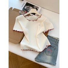 批发实拍～韩系木耳边圆领短袖<b class='q'>针织衫</b><b class='q'>女</b>夏季新款洋气修身显瘦上衣