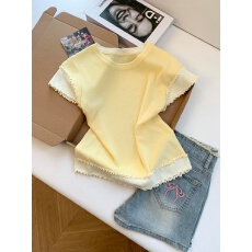 批发实拍～温柔撞色木耳边短袖针织T恤<b class='q'>女</b>夏季假两件内搭超好看上衣