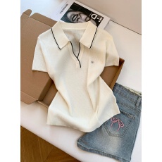 批发实拍～设计感polo领针织短袖<b class='q'>女</b>夏新款高级感薄款冰丝独特别致上衣