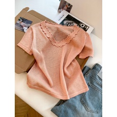 批发实拍～<b class='q'>夏</b>季简约日常花边领短袖针织小衫气质套头宽松显瘦休闲上衣