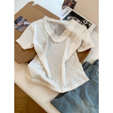 批发实拍～<b class='q'>夏</b>季简约日常花边领短袖针织小衫气质套头宽松显瘦休闲上衣