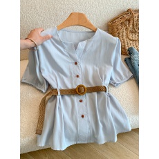 批发实拍～法式小资V领蓝色衬衫女夏季<b class='q'>收腰</b>显瘦设计感小众短袖上衣