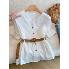 批发实拍～法式小资V领蓝色衬衫女夏季<b class='q'>收腰</b>显瘦设计感小众短袖上衣