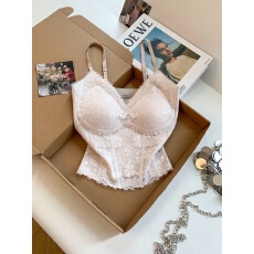 批发白色蕾丝带胸垫背心女夏季V领辣妹外穿鱼骨收腰打底上衣短款吊带