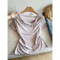 批发实拍～法式短袖<b class='q'>T</b><b class='q'>恤</b>女夏季重工烫钻性感上衣柔软褶皱收腰正肩短袖