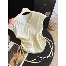 批发温柔风粉色侧边抽绳收腰无袖衬衫女夏系带小飞袖棉麻小衫