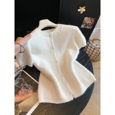 批发韩国超火内外叠穿油画红珠扣温柔短袖毛衣<b class='q'>开衫</b>女早秋温暖针织外套