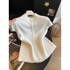 批发设计感韩版圆领短袖针织开衫女秋季新款软糯宽松显瘦百搭上衣