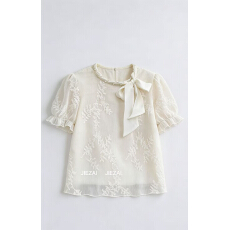 批发法式宫廷风<b class='q'>刺绣</b>蝴蝶结短袖<b class='q'>衬衫</b>女设计感独特漂亮气质防晒雪纺上衣