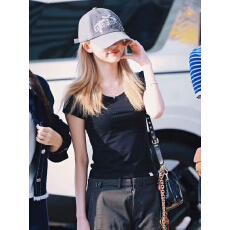 批发韩国小众 金<b class='q'>秋</b>天同款夏季纯色正肩显瘦贴钻短袖T恤修身百搭女上衣