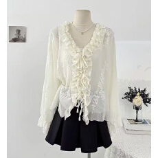 批发法式蕾丝刺绣衬衫女春季荷叶边<b class='q'>v领</b>系带气质显瘦上衣减龄洋气小衫