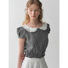 批发  SULI娃娃领衬衫短袖女上衣黑白格复古减龄设计感格纹泡泡袖