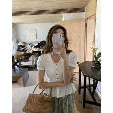 批发法式浪漫风蕾丝花边娃娃领泡泡袖衬衫女白色百搭镂空钩花短袖上衣