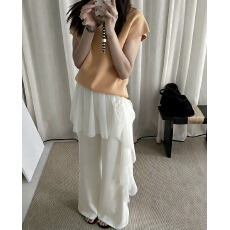 批发韩系风屁帘网纱拼接假两件直筒裤女士设计感提花工艺<b class='q'>休闲裤</b>