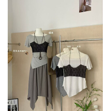 批发夏季独特复古辣妹撞色拼接修身短袖t恤女不规则收腰显瘦绝美上衣