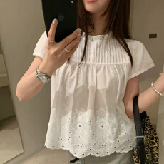 批发甜美镂空刺绣花朵圆领短袖<b class='q'>衬衫</b>女春季2026压褶单排扣独特别致上衣