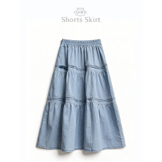 批发实拍压褶洗水牛仔半身裙女春夏新款时尚高腰显瘦A字裙中长款伞裙