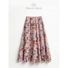 批发实拍春游印花高腰半身裙女2026新款大摆网纱显瘦温柔风百褶长裙