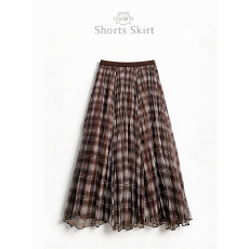 批发实拍格纹<b class='q'>网纱</b>褶皱半身裙女2026春季新款高腰显瘦中长款格子大摆裙