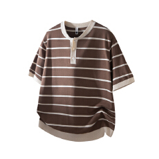 批发ALLIN亨利领美式复古宽松休闲条纹T恤男短袖夏季<b class='q'>男士</b>上衣2026新款
