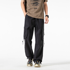 批发男装<b class='q'>美式</b>复古机能多口袋绑绳工装裤男潮牌痞帅宽松<b class='q'>休闲</b>长裤子