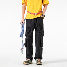 批发男装<b class='q'>美式</b>复古机能多口袋绑绳工装裤男潮牌痞帅宽松<b class='q'>休闲</b>长裤子