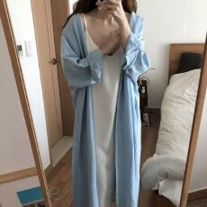 批发春秋新款韩国慵懒风简约时尚超长款过膝衬衣女装纯色翻领<b class='q'>开衫</b>衬衫