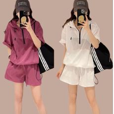 批发防晒衣短裤两件套<b class='q'>欧洲站</b>2026夏装新款欧货连帽拼色刺绣时尚<b class='q'>套装</b>女