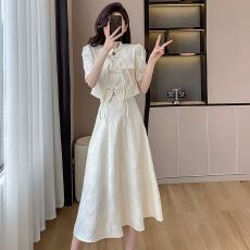 批发新中式轻国风短袖盘扣外套长裙两件套女夏提花改良旗袍套装连衣裙