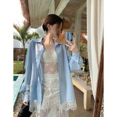 批发【实价 酷丝棉】<b class='q'>蕾丝</b>拼接长袖衬衫女春季polo领度假风外套上衣