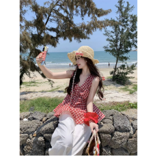 批发【原版纯棉面料】复古红色<b class='q'>格子</b>背心<b class='q'>衬衫女</b>夏季褶皱收腰显瘦上衣