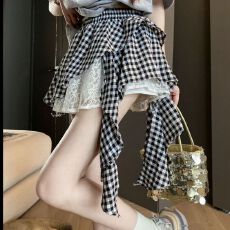 批发韩版设计感蕾丝拼接不规则网格高腰短裙<b class='q'>秋</b>季新款显腿长时尚半身裙