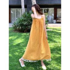 批发波西米亚黄色吊带连衣裙女夏2026旅游海边度假多巴胺沙滩无袖长裙