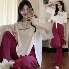 批发牛奶丝+捻丝<b class='q'>裤</b>夏季大码女<b class='q'>装</b>短袖遮肉开叉<b class='q'>上衣</b>+高腰阔