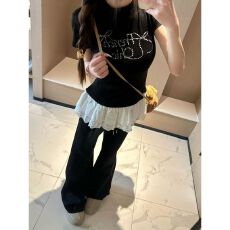 批发【原版蕾丝花边】韩系蝴蝶结花边拼接黑色短袖t恤夏季正肩上衣