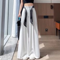 批发冰丝亚麻阔腿裤女夏季高级感丝巾飘带<b class='q'>西装</b>裤高腰垂坠感<b class='q'>棉麻</b>山本裤