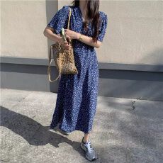 批发茶歇法式气质高级感蓝色碎花V领<b class='q'>连衣裙</b><b class='q'>大码</b>微胖mm收腰减龄长裙子