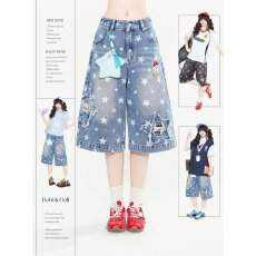 批发复古刺绣破洞五分牛仔裤女夏季新款洋气<b class='q'>高腰</b>百搭宽松休闲阔腿中裤