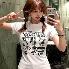 批发美式复古印花短袖t恤女夏季短款弹力修身显瘦休闲上衣