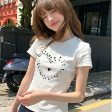 批发美式复古印花短袖t恤女夏季短款弹力修身显瘦休闲上衣