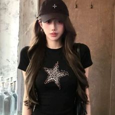 批发美式复古印花短袖t恤女夏季短款弹力修身显瘦休闲上衣