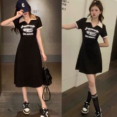 批发短款捻丝220克POLO<b class='q'>连衣裙</b>女收腰2026夏季新款微胖大码印花
