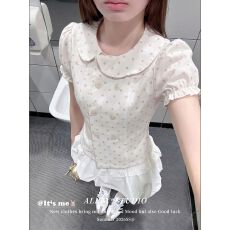批发法式甜美风杏色娃娃领波点泡泡袖<b class='q'>衬衫</b>女夏设计感减龄温柔短袖上衣